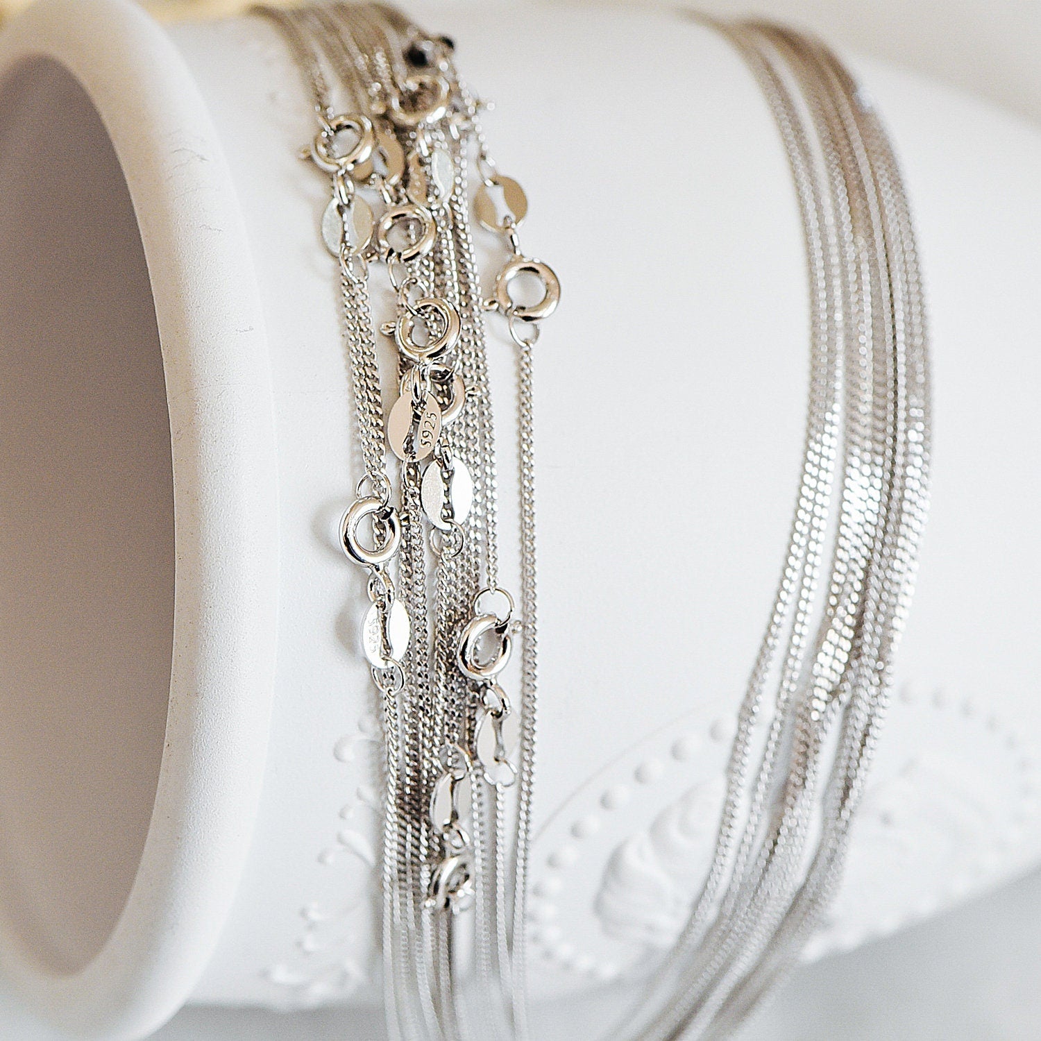 Sterling Silver .925 Curb Chain 1mm, Finished Dainty Necklace Chains, Rhodium plated 18 Inch Ready to Wear (CY-014)